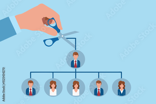 Organizational Restructuring and Downsizing Concept with Scissors Cutting off the Top Level of the Hierarchy Structure