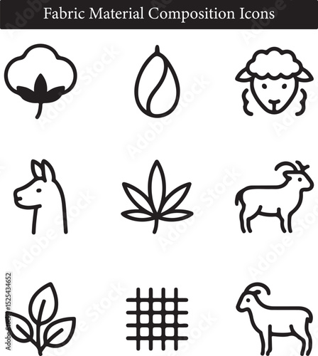 Fabric Material Composition Icons – Natural Fiber, Organic Textile, Wool, Cotton, Hemp, Cashmere Line Symbols