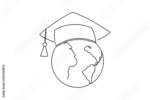 Global education graduation cap line drawing illustration