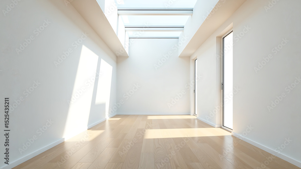 Fototapeta premium minimalist hallway sleek white walls polished hardwood floors stunning glass ceiling bathed soft natural