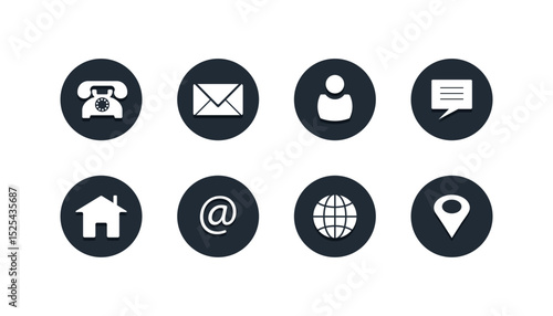 Modern contact and communication icons set in dark circular backgrounds. Ideal for web, business cards, or UI design.