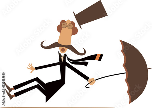 Cartoon man, umbrella and windy day. 
Cartoon long mustache man in the top hat with umbrella falling down from the fit by the strong wind
