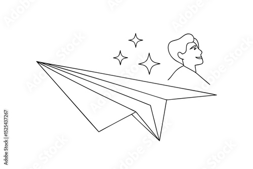 Man dreaming big paper airplane line drawing stars