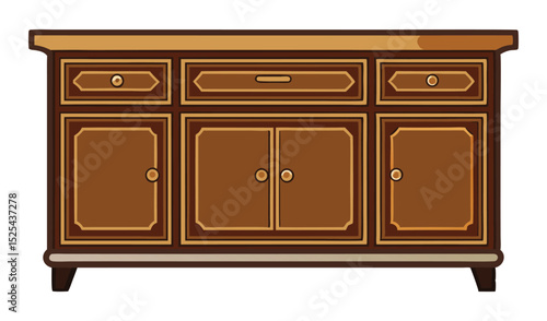 Brown Wooden Sideboard with Drawers and Doors, Decorative Furniture Illustration Isolated