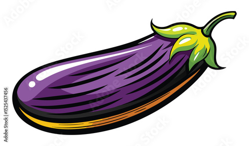 Cartoon Eggplant Illustration with Green Stem and Leaves, Purple Skin Isolated on White
