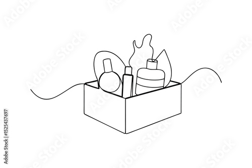 Line drawing of beauty products in a box