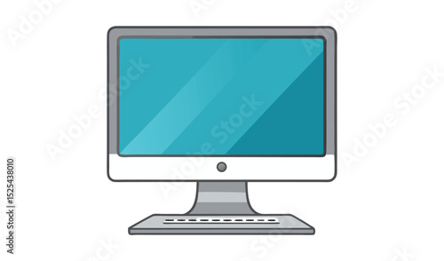 Cartoon Illustration of Desktop Computer with Teal Screen, White Body and Gray Base