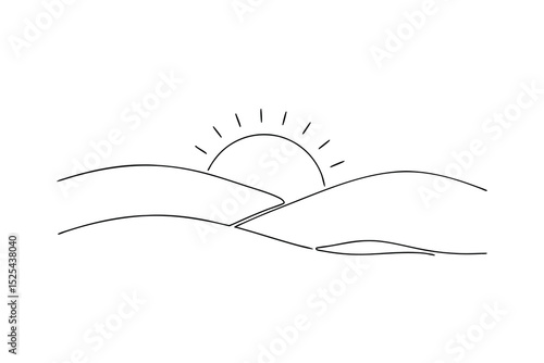 Simple line drawing sunrise over rolling hills landscape