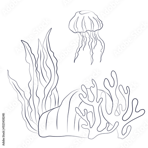 Underwater world, reefs algae coral jellyfish. The bottom of the sea. Sand. Vector illustration. Isolated on white background.