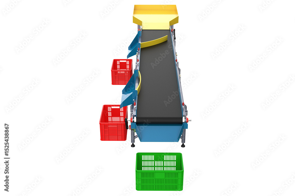 Obraz premium High-Resolution 3D Render of Cutting-Edge Automatic Seafood Fish Sorting Machine Conveyor Belt for Efficient Industrial Food Processing Automation Technology and Quality Control Isolated PNG.