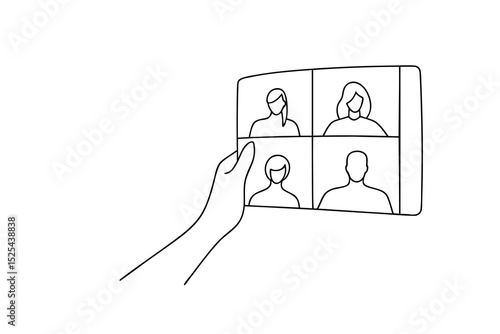 Hand holding tablet showing online video conference call line drawing