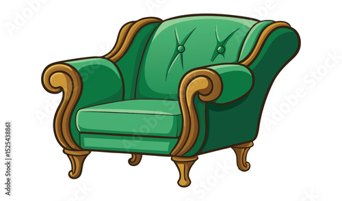 Illustration of a Green Tufted Armchair with Wooden Frame and Short Legs