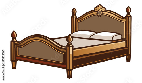 Isolated Classic Brown Wooden Bed with Two Pillows on White Background Illustration