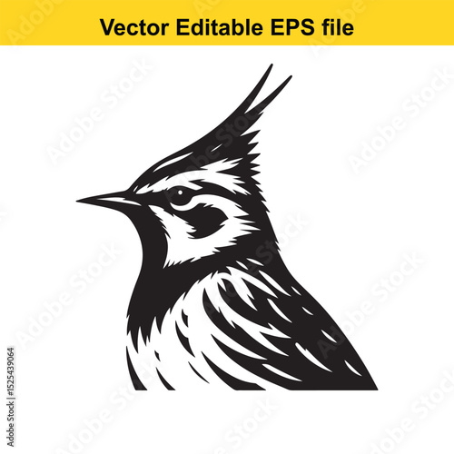 A striking black and white vector illustration of a crested lark bird profile