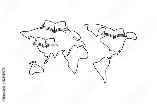 World map line drawing with open books global education concept
