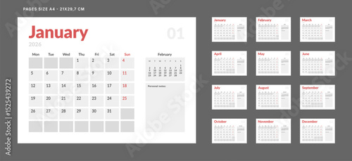 2026 Calendar Planner Set of Template 12 Monthly Page for Company or Personal use. Vector layout of a wall or desk organizer with week start Monday for print. Page for size A4-21x29.7cm