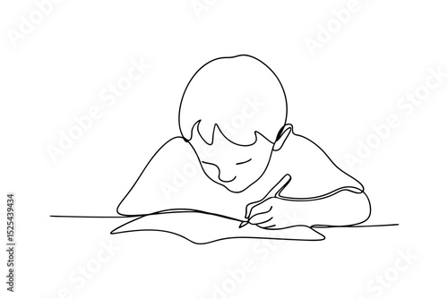 Child concentrated line drawing studying writing desk