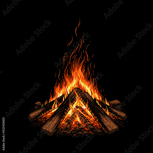 Flaming campfire surrounded by logs on dark background for relaxation  
