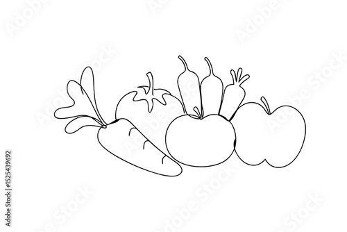 Simple line drawing of fresh vegetables and fruits