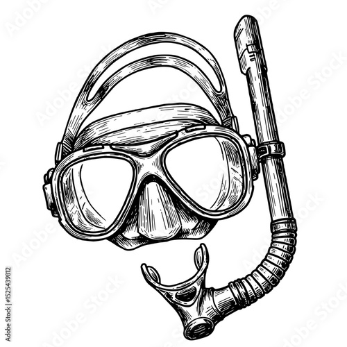 Scuba diving mask and snorkel in detailed black and white illustration  