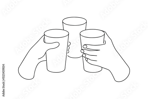 Three hands toasting with cups line drawing illustration