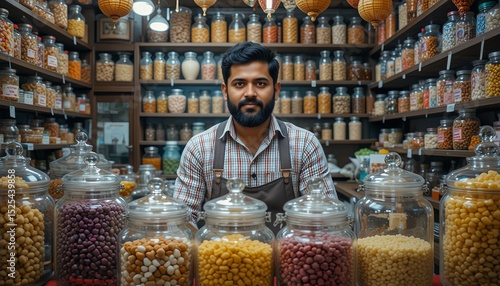 South Asian male sweet shop owner in traditional confectionery store