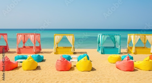 Wallpaper Mural Colorful beach scene with cabanas, bean bag chairs, and ocean under a clear blue sky Torontodigital.ca