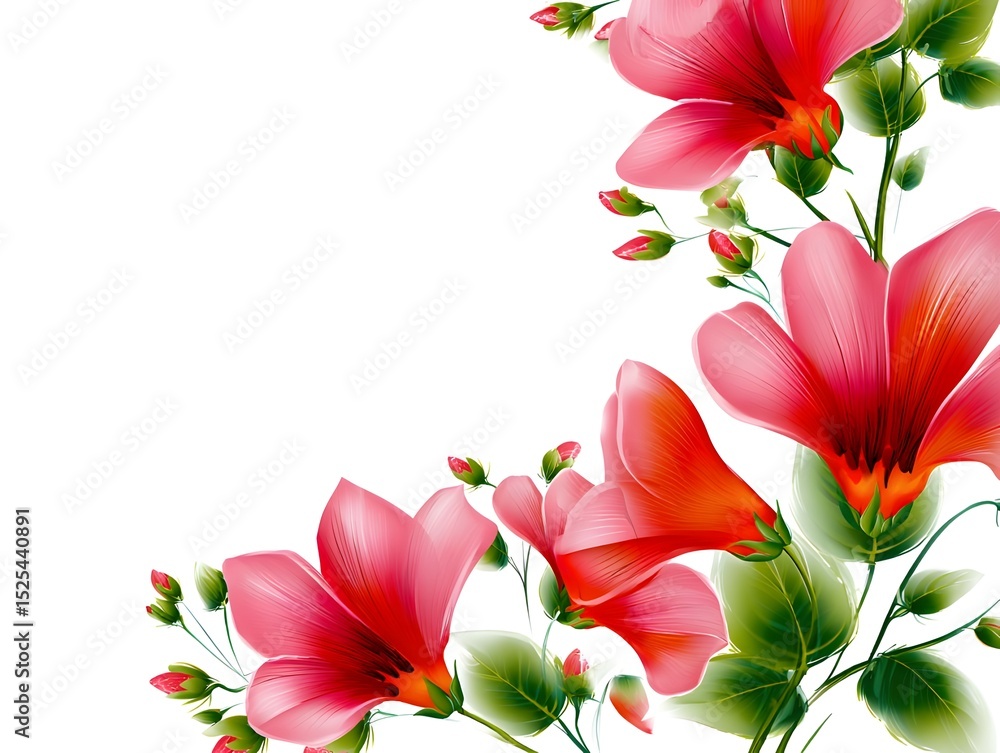 Fototapeta premium Beautiful Pink Floral Corner Decoration Vector, Transparent Background, for Web Design and Print Projects with Green Leaves, Romantic Style