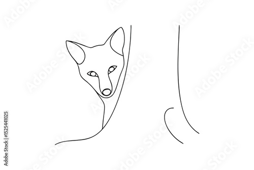 Minimalist line drawing of a fox peeking from behind a tree