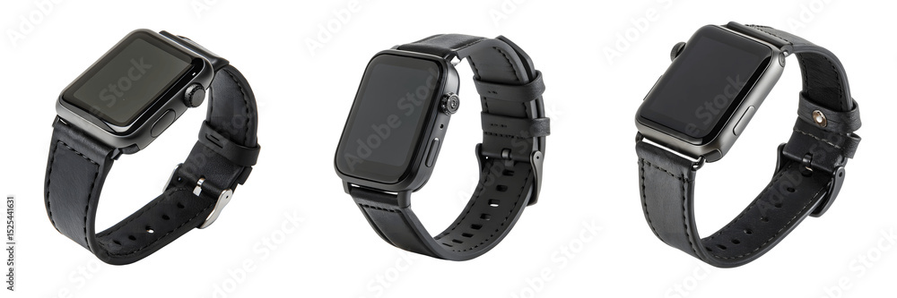 Three black smartwatches with leather straps isolated on transparent Three black smartwatches with leather straps isolated on transparent