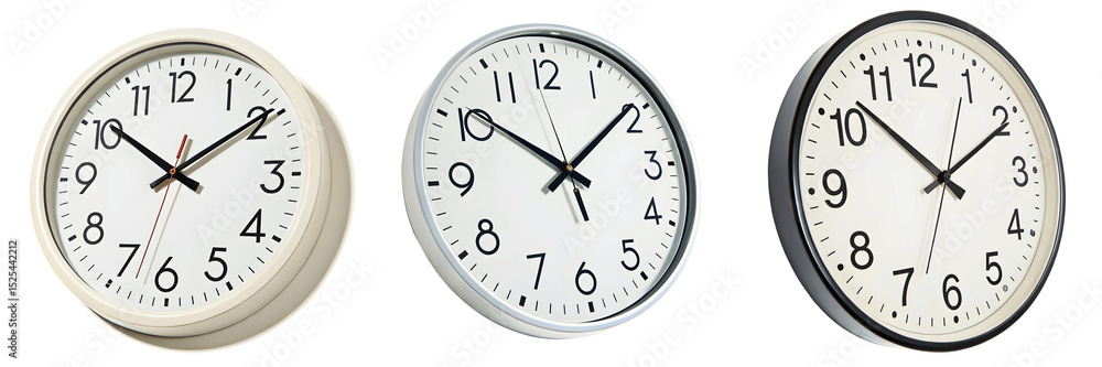 Three round clocks with different colored frames isolated Three round clocks with different colored frames isolated