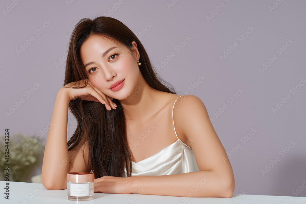 A young, beautiful Asian model with long hair sits at a white table, resting her hand under her chin while presenting a luxurious skincare cream jar in front of her. A young, beautiful Asian model with long hair sits at a white table, resting her hand under her chin while presenting a luxurious skincare cream jar in front of her.