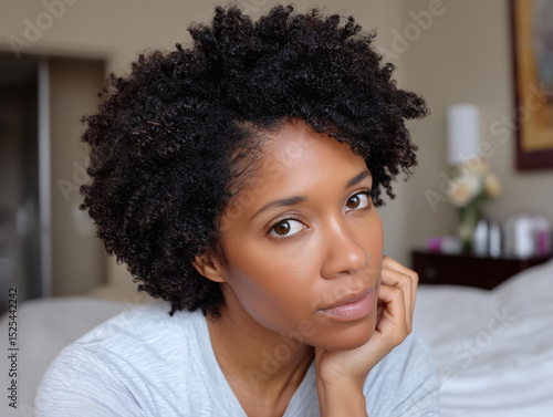 A thoughtful woman with natural afro hair in a bedroom.