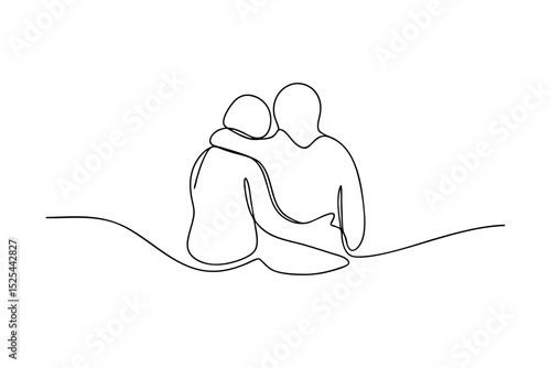 Continuous line drawing couple embracing sitting together