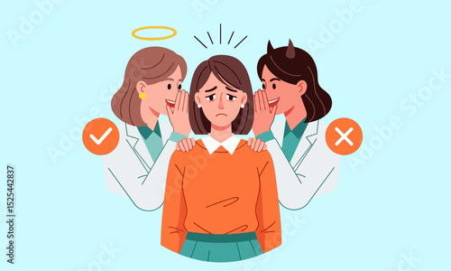 Good vs. Evil Conscience Dilemma. Woman faces a moral dilemma, with an angel whispering good advice and a devil whispering bad.
