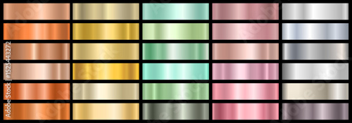 A set of colored metallic gradients on a black background. A collection of vector shiny holograms and metallic gradients for decoration. Vector illustration.