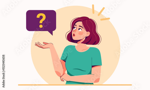 Confused Woman with Question Mark Speech Bubble. woman looking perplexed with a question mark in a speech bubble above her, symbolizing confusion, inquiry, or uncertainty