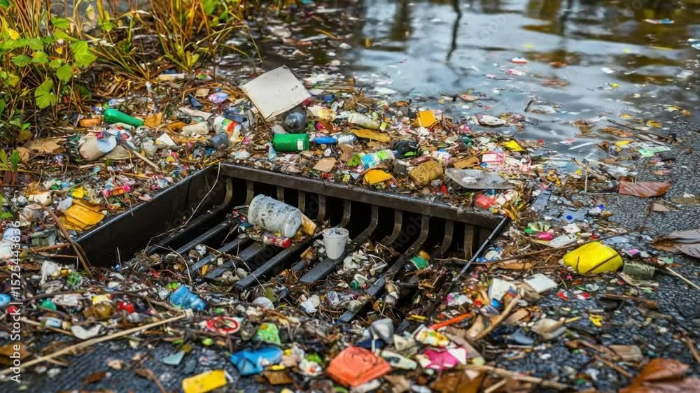 Overflowing storm drain clogged with trash. Various discarded plastic ...