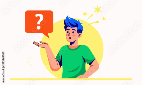 Man Posing a Question or Expressing Confusion. Young man looks surprised/questioning, holds hand out with a question mark, symbolizing curiosity or confusion.