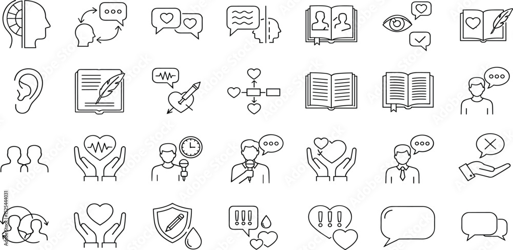 AI emotional dialogue line icon set. Vector pictograms of conversation, empathy, therapy, support chat, feedback, identity, understanding, thin linear illustration AI emotional dialogue line icon set. Vector pictograms of conversation, empathy, therapy, support chat, feedback, identity, understanding, thin linear illustration