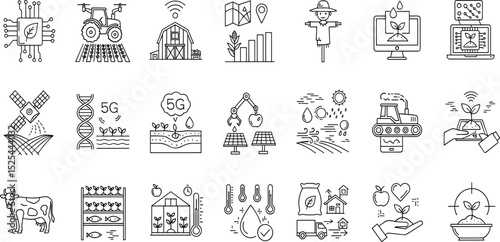 Agriculture technology line icon set. Vector pictograms of agri-tech drone, robot, tractor, chip, sensor, irrigation, biotech,thin linear illustration