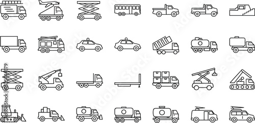  Airport ground support transport line icon set. Vector pictograms of runway inspection, sweeper, generator, water loader, passenger bus, thin linear illustration