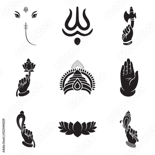 Elegant black silhouettes of hindu gods symbols and religious icons on white background