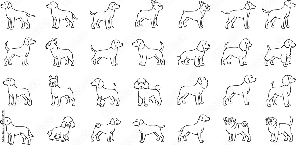 Dog Breeds line icon set. Vector pictograms of labrador, golden retriever, german shepherd, bulldog, beagle, poodle, dachshund, pug, shih tzu, maltese, yorkshire terrier thin linear illustration Dog Breeds line icon set. Vector pictograms of labrador, golden retriever, german shepherd, bulldog, beagle, poodle, dachshund, pug, shih tzu, maltese, yorkshire terrier thin linear illustration