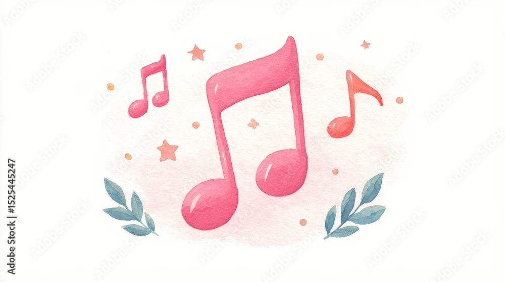 Pink Watercolor Musical Notes with Stars and Leaves Pink Watercolor Musical Notes with Stars and Leaves
