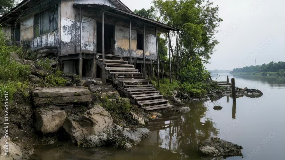 A weathered wooden house on stilts stands by a calm riverbank, surrounded by greenery and rocks under an overcast sky. A weathered wooden house on stilts stands by a calm riverbank, surrounded by greenery and rocks under an overcast sky.