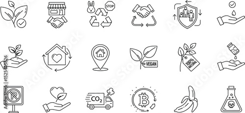Ethical production line icon set. Vector pictograms of eco, friendly, vegan, plastic free, organic ingredients, recyclable, certified, non toxic, thin linear illustration