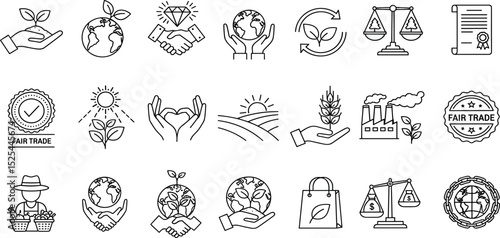  Fair Trade, Sustainability line icon set. Vector pictograms of ethical practices, eco-friendly initiatives, global responsibility, thin linear illustration