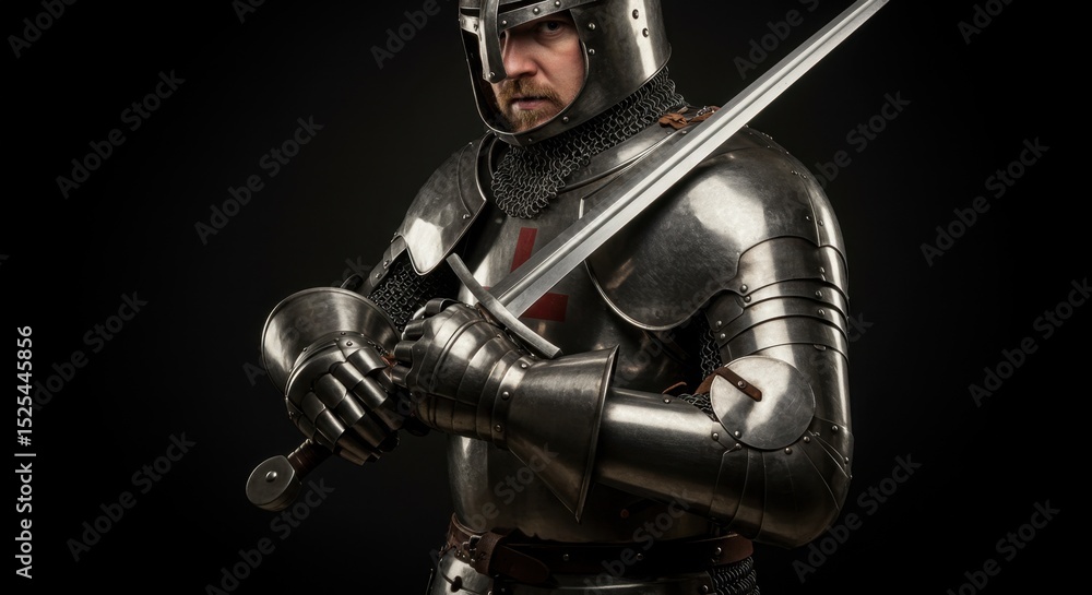Naklejka premium Armored Fighter in Combat Stance with Two-Handed Sword