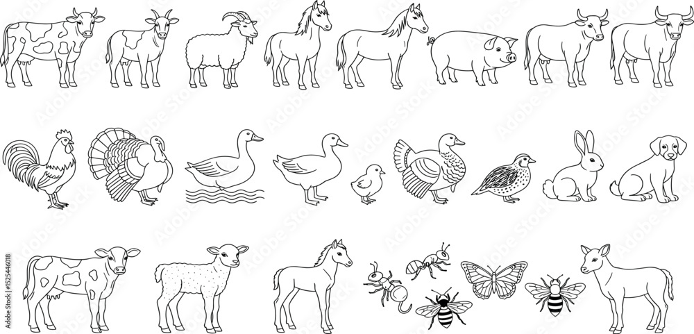 Farm animals line icon set. Vector pictograms of domestic goose, turkey, chick, duckling, duck, sheep, horse, pig, donkey, ox, thin linear illustration Farm animals line icon set. Vector pictograms of domestic goose, turkey, chick, duckling, duck, sheep, horse, pig, donkey, ox, thin linear illustration